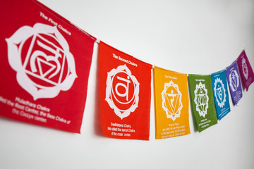 Decorative little flags illustrating the seven chakras