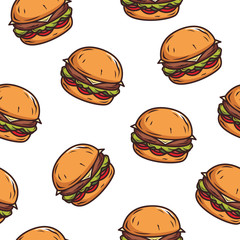 Seamless vector pattern with burger on white background