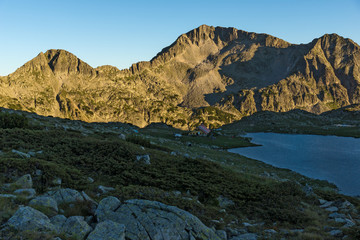 Sunset landscape with Kamenitsa peak and Tevno lake, Pirin Mountain, Bulgaria