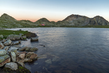 Fototapeta na wymiar Sunset landscape with Kamenitsa peak and Tevno lake, Pirin Mountain, Bulgaria
