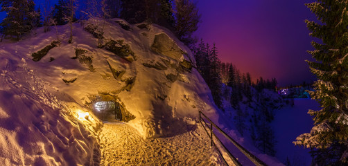 The cave is covered with snow. Ruskeala. Marble quarry. The entrance to the cave. Karelia. Marble Canyon. Russia.
