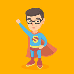 Caucasian child boy pretending to be a superhero. Confident boy playing in a superhero. Happy little superhero boy wearing a red cloak. Superhero concept. Vector cartoon illustration. Square layout.