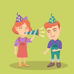 Caucasian children in hats celebrating birthday with a party pipe. Laughing boy standing near girl who blowing in the birthday pipe. Celebration concept. Vector cartoon illustration. Square layout.