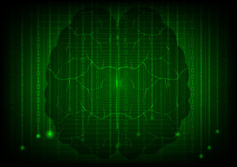 Background in a matrix style with brain. Green vector illustration