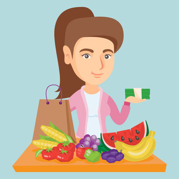 Young caucasian woman standing near the table with shopping bag, grocery purchases and holding money. Woman with money and grocery purchases after shopping. Vector cartoon illustration. Square layout.