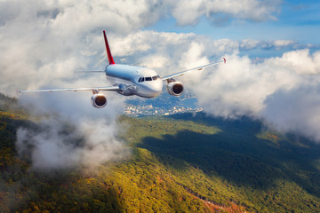 Fototapeta na wymiar Airplane is flying in clouds over mountains with forest at sunset. Landscape with white passenger airplane, cloudy sky and green trees. Passenger aircraft is landing. Business travel. Commercial plane