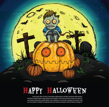 Deadman and pumpkin halloween background from vector.Zombie sit down on pumpkin in graveyard.