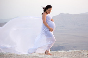 Fototapeta na wymiar Pregnant woman in elegant dress with flying plume on the edge of crater