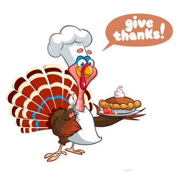 Thanksgiving funny cartoon turkey chief cook serving pumpkin pie. Vector cartoon strokes isolated