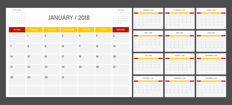 Calendar 2018 week start on Sunday corporate design planner template.