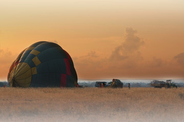 Hot air balloon in Tarangire national park,Tanzania.Passengers are waiting for boarding .