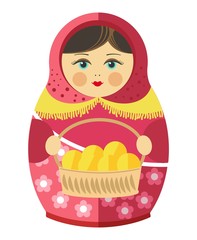 Russian matrishka in kerchief with patties in wicker basket