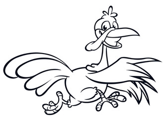 Screaming running cartoon turkey bird character. Vector illustration of turkey escape for coloring book. Black and white strokes