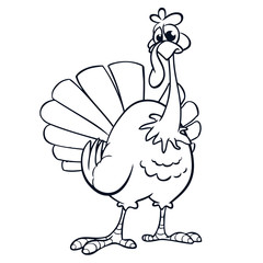 Thanksgiving funny cartoon  outline. Vector cartoon turkey for coloring book. Black and white contour