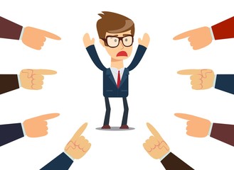 Illustration of businessman with fingers pointing at him. Stock flat vector .