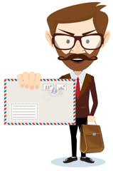 Handsome businessman in formal suit holding an envelope with a letter. Stock flat vector illustration.