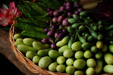 group of mini purple eggplant,mini Green eggplant,cucumber,Winged bean. healthy Thailand vegetable for diet 