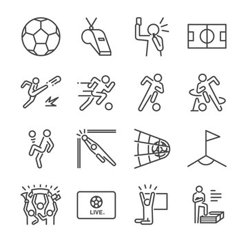 Soccer line icon set. Included the icons as football, ball, player, game, referee, cheer and more.