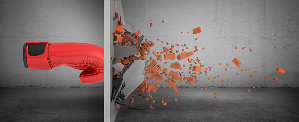 3d rendering of a huge red boxing glove in side view touches a brick wall and smashes it with rubble falling out.