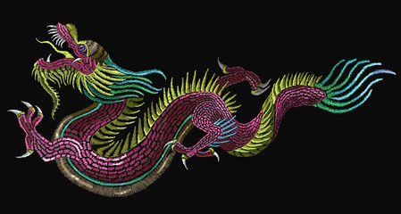 Embroidery chinese dragons. Classical embroidery asian dragons. Art dragons t-shirt design. Clothes, textile design template