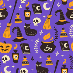 Fototapeta na wymiar Halloween Seamless Pattern with Pumpkin, Cat, Skull and etc.