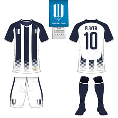 Fototapeta premium Soccer jersey or football kit, short, sock template for sport club. Football t-shirt mock up. Front and back view soccer uniform. Flat football logo on blue label. Vector Illustration.