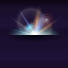 Blurred light rays and lens flare backdrop with place for text. Abstract space sunny poster, glow light effect. Banner with dynamic burst of star, sparkles on backdrop. Vector 3D illustration.
