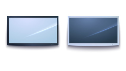 Set of Smart TV icons, dark and light TV screen, LED TV hanging, isolated on the white background. Horizontal billboards template with bend corners, 3D illustration. Widescreen monitor, template