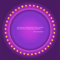 Retro circular background with light bulbs. Retro design element circle signboard. Glowing lights on circle billboard with place for your text. 3D illustration, template for poster, banner, badge.