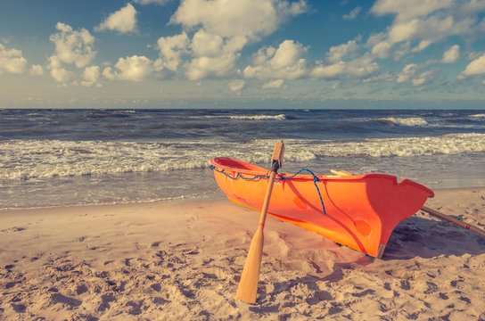 Lifeguard boat on Baltic coast, Row,y Poland