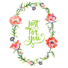 Wildflower poppy flower wreath in a watercolor style. Full name of the plant: red poppy. Aquarelle wild flower for background, texture, wrapper pattern, frame or border.