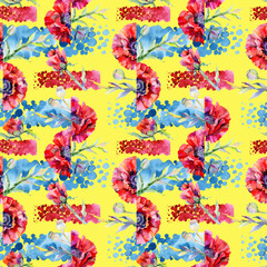 Fototapeta premium Wildflower poppy flower pattern in a watercolor style. Full name of the plant: red poppy. Aquarelle wild flower for background, texture, wrapper pattern, frame or border.