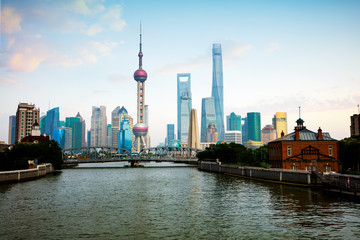 Shanghai city skyline with historical Waibaidu bridge, Shanghai, China