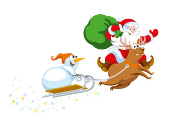 Merry Santa Claus with a bag of gifts riding a deer in with a sled on which sits a snowman. Funny Christmas, New Year illustration. Flat style xmas cartoon characters for card, poster. Isolated vector