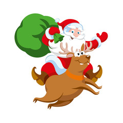 Merry Santa Claus with a bag of gifts rides on a ridiculous, cute reindeer. Funny Christmas, New Year illustration. Flat style xmas cartoon characters for card, poster, banners design. Isolated vector