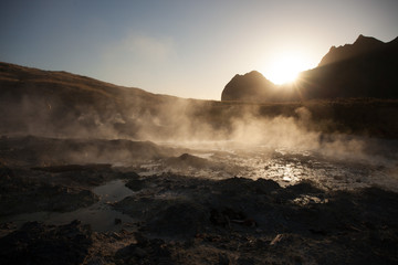 steam rising from Yankicha Island caldera, Russia