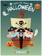 Vintage Halloween poster design with pirate with boat character. 