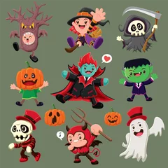 Fotobehang Vintage Halloween posterontwerp met vector demon, heks, reaper, vampier, spook, monster karakter. © Sze Wei Wong