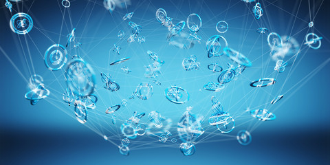 Flying network connection interface 3D rendering