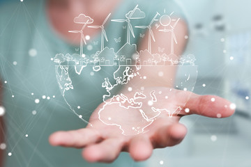 Businesswoman touching and holding renewable energy sketch