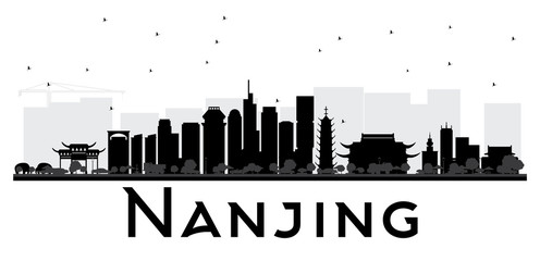 Nanjing China skyline black and white silhouette.