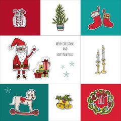 Hand drawn doodle Merry Christmas icons set. Sketchy vector illustration elements. Candles gift boxes christmas tree wreath stocking candy cane bells holly decoration  Merry Christmas, Santa Claus