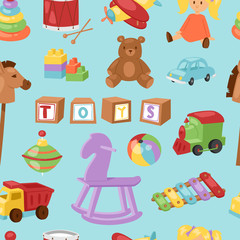 Set of different cartoon vector kids toys collection isolated on white background playfull children stuff seamless pattern