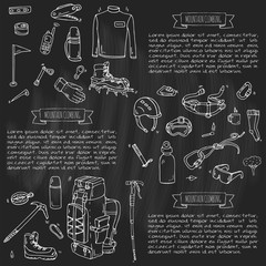 Hand drawn doodle Mountain Climbing icons set. Vector illustration. Mountaineering equipment collection. Cartoon sketch elements for trekking, hiking, tourism, expedition, camping, outdoor recreation.