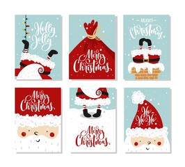 Vector Merry Christmas and Happy New Year greeting card set with cute santa claus and hand drawn lettering.