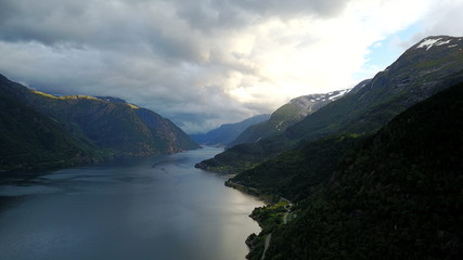 Obraz na płótnie Canvas View to fjord and water from drone in Norway