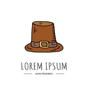 Hand drawn doodle Thanksgiving icon - Old hat isolated on white background. Vector illustration. Pilgrim symbol Cartoon celebration element: cockel, capotain, tall crowned, narrow brimmed, conical hat
