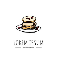 Hand drawn doodle Pancakes with berries isolated on white background. Vector illustration. Thanksgiving icon traditional Autumn symbol Cartoon celebration element: food, cranberry, fried, cake
