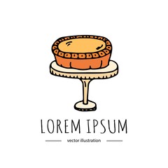 Hand drawn doodle Thanksgiving icon - traditional Pumpkin pie isolated on white background. Vector illustration. Autumn symbol Cartoon celebration element: cranberry, vegetables, pumpkin pie, cake