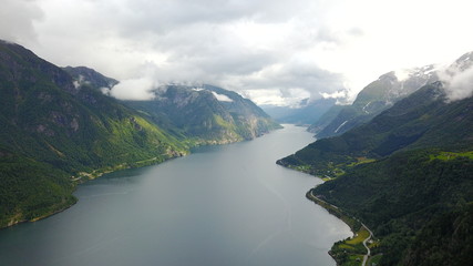 Fototapeta na wymiar View to fjord and water from drone in Norway